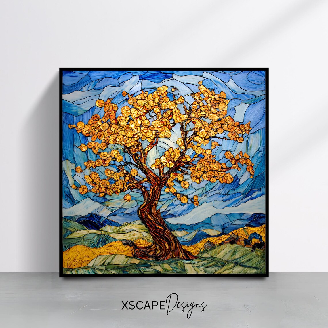 Stained Glass Tree Art Print Nature Inspired Wall Decor Square Landscape Painting