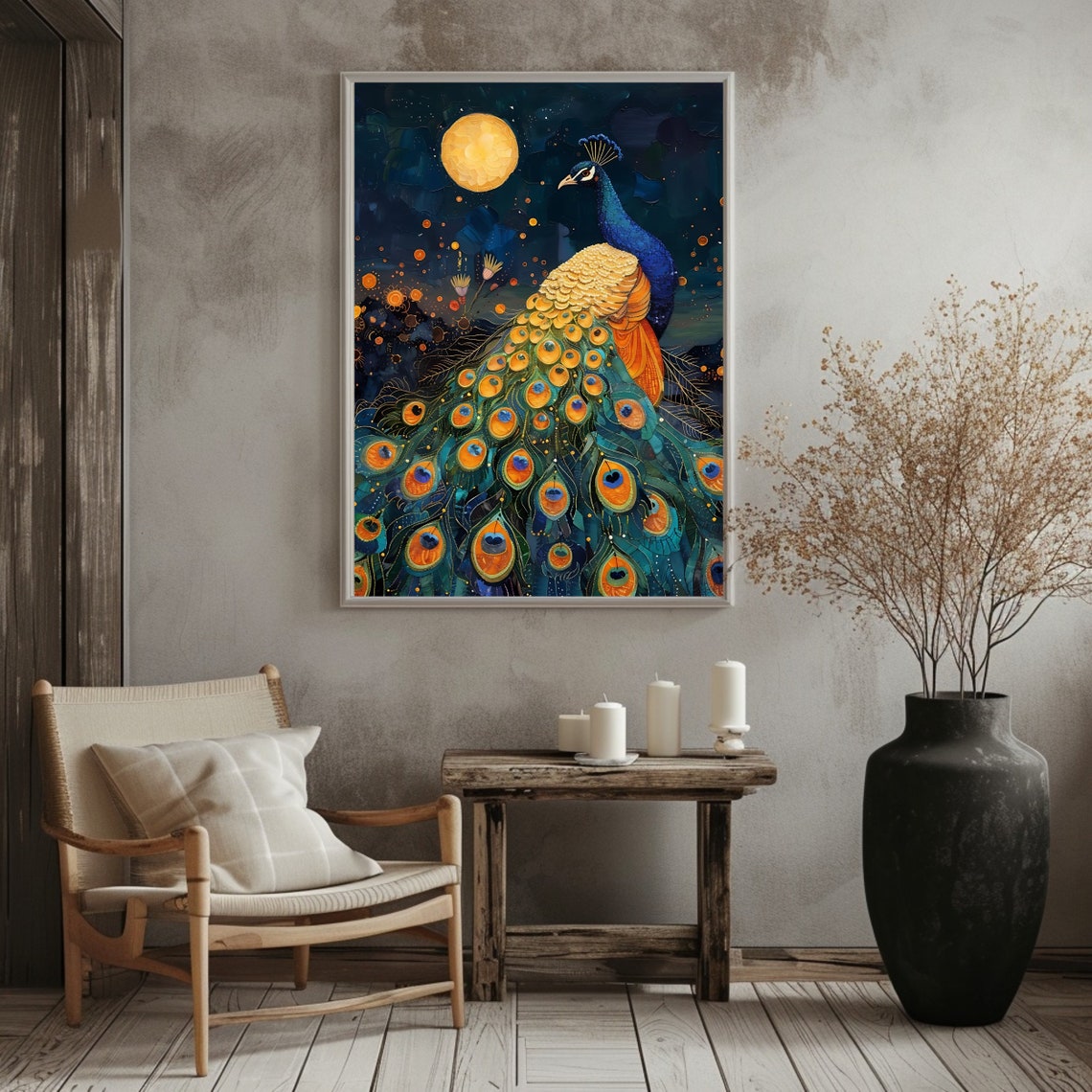 Moonlit Peacock Golden Feathers Full Moon Night Sky Elegant Bird Print - Image 3