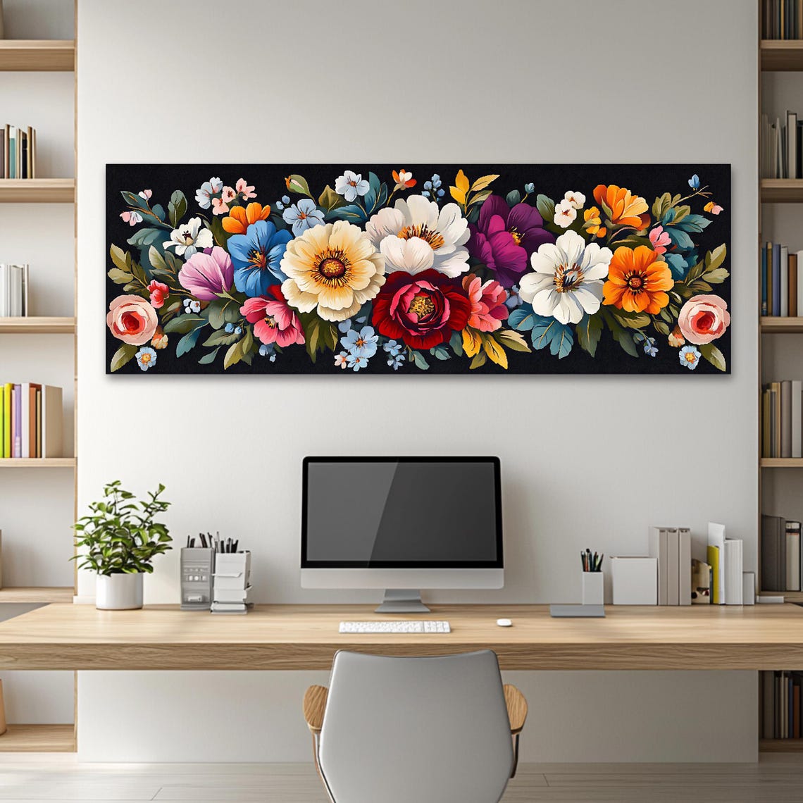 Dark Floral Still Life Peonies Black Background Panoramic Art Poster - Image 2