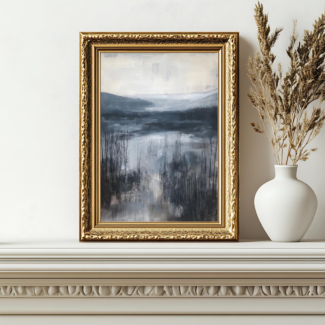 Moody Blue Misty Lake Bare Trees Minimalist Gray Nature Art Poster - Image 2