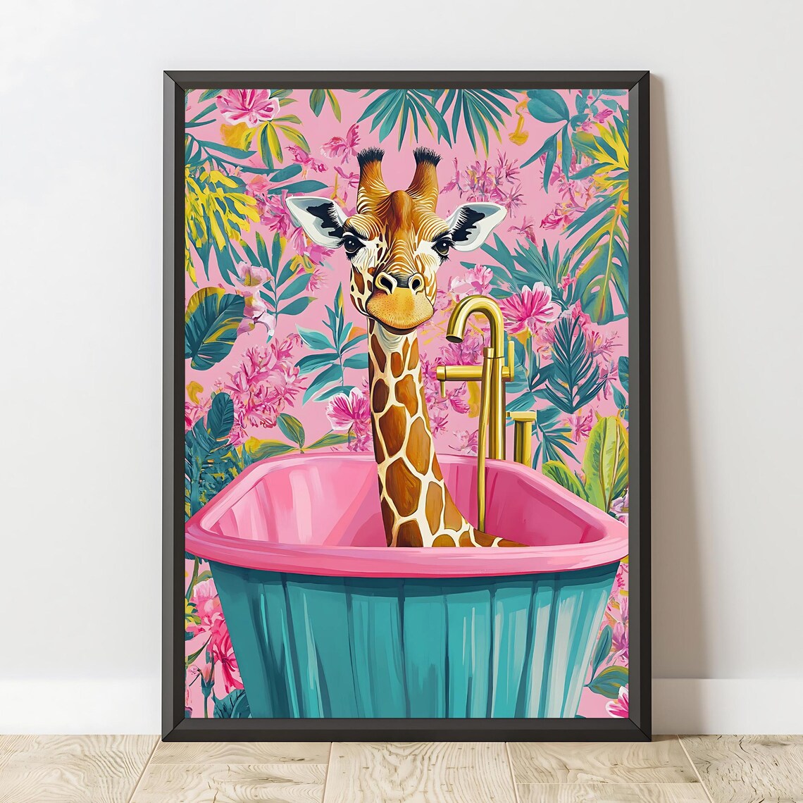 Funny Giraffe in Pink Bathtub Tropical Bathroom Quirky Animal Art Print - Image 2