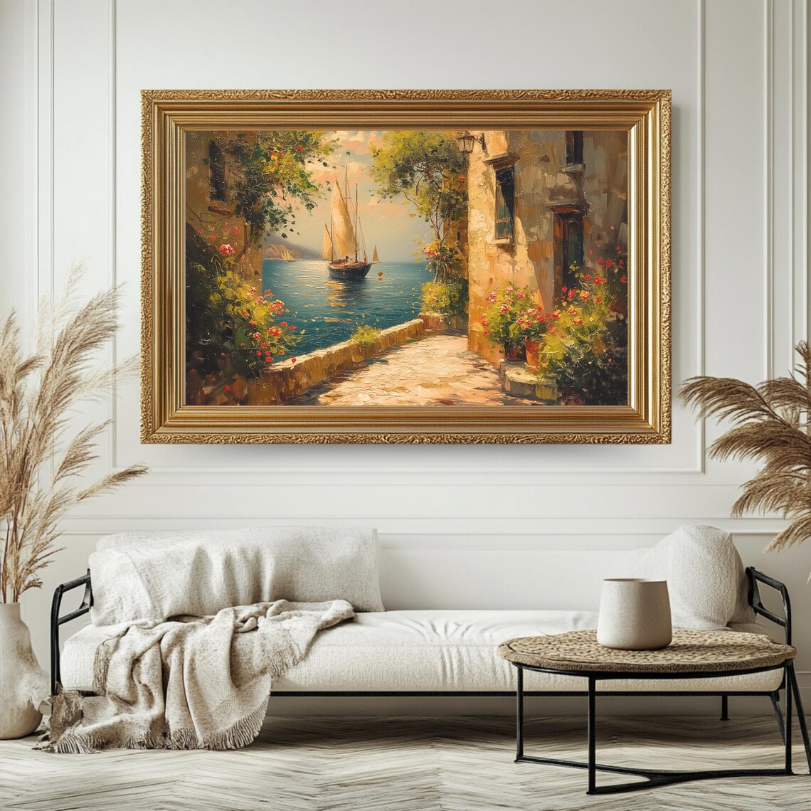 Mediterranean Stone Alley Sailboat Sea Golden Hour Vintage Art Poster - Image 4