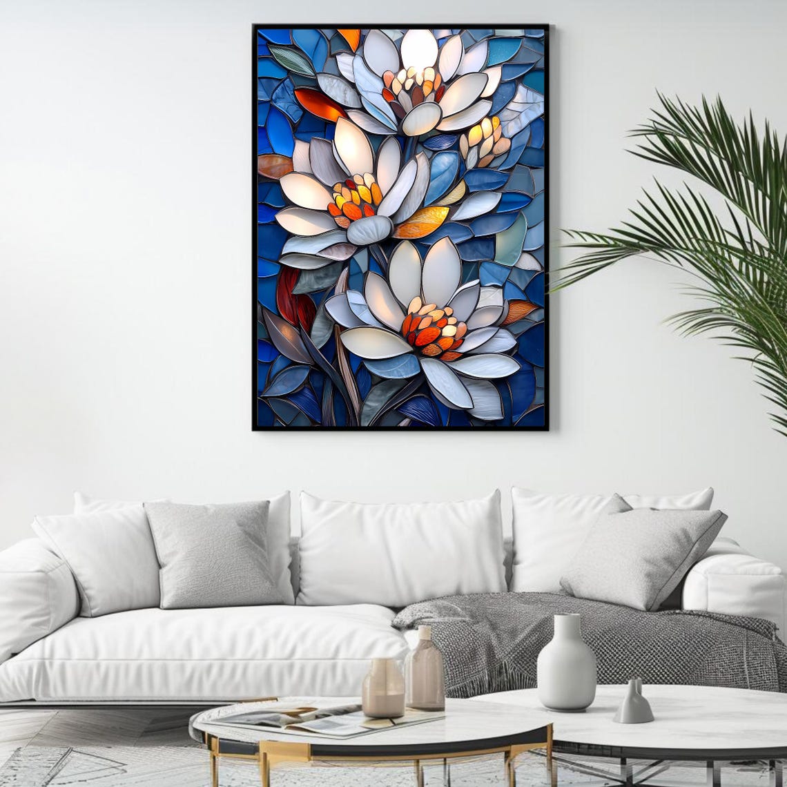 White Blue Flowers Stained Glass Art Elegant Floral Wall Decor Poster - Image 4
