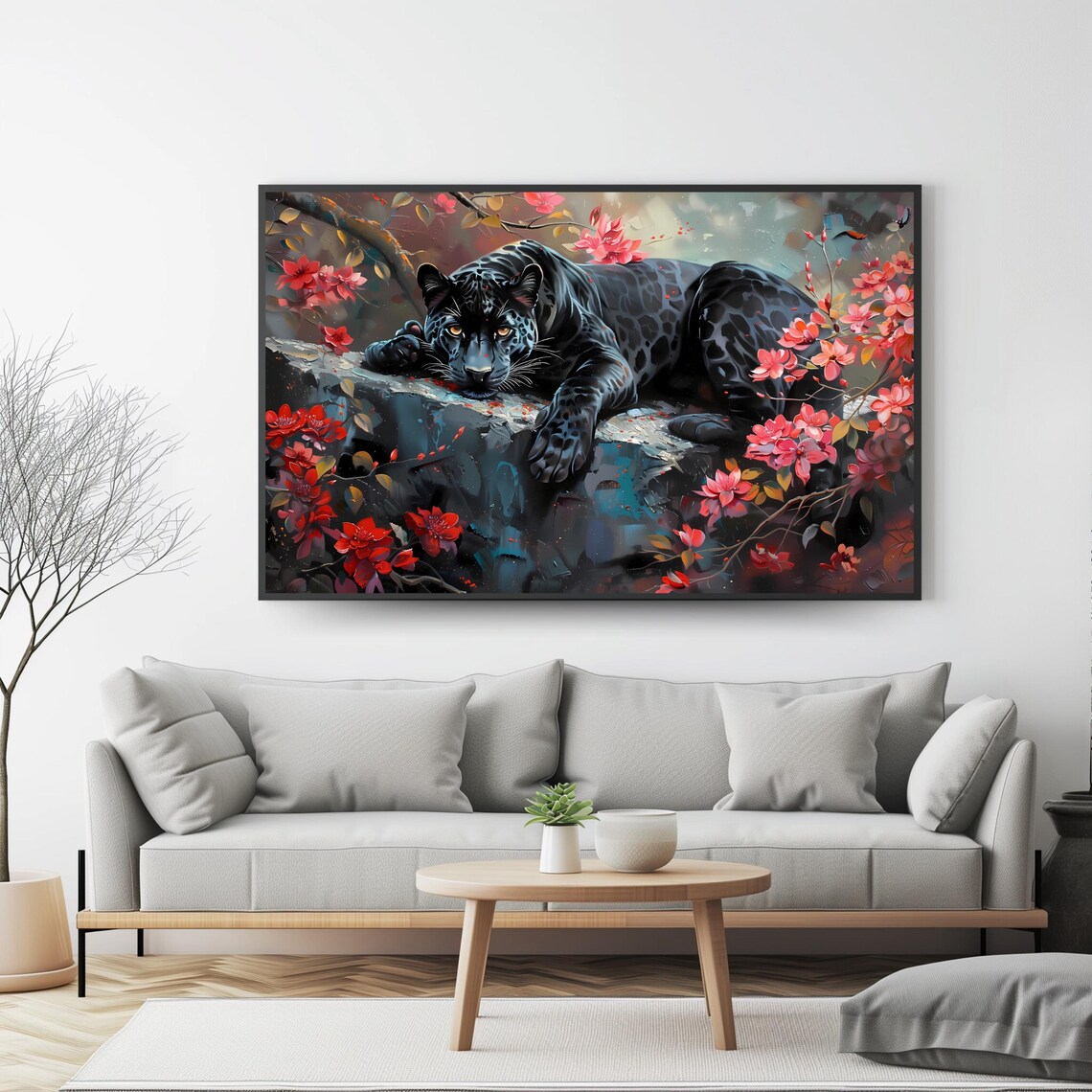 Black Panther Jungle Flowers Resting Rock Feline Wildlife Wall Art Print - Image 4