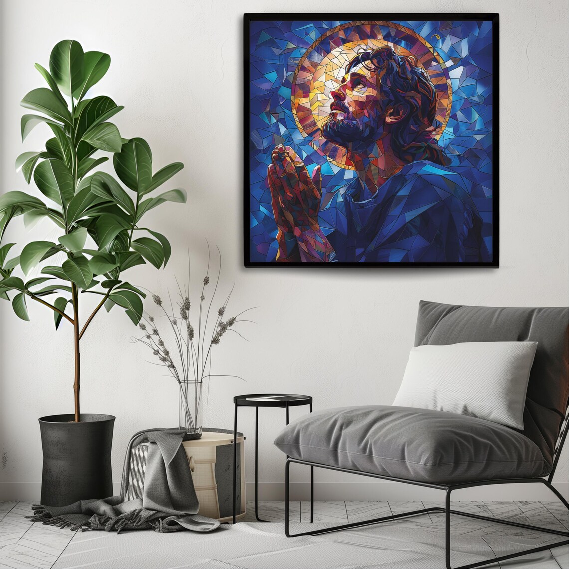 Jesus Christ Praying Stained Glass Mosaic Style Blue Religious Art Poster - Image 3
