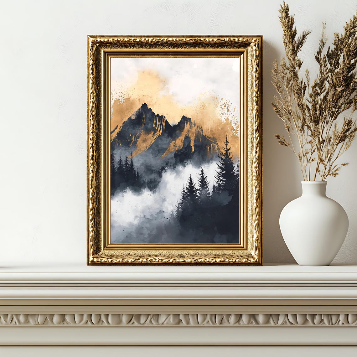 Misty Mountain Peaks Fog Pine Forest Golden Watercolor Landscape Print - Image 2