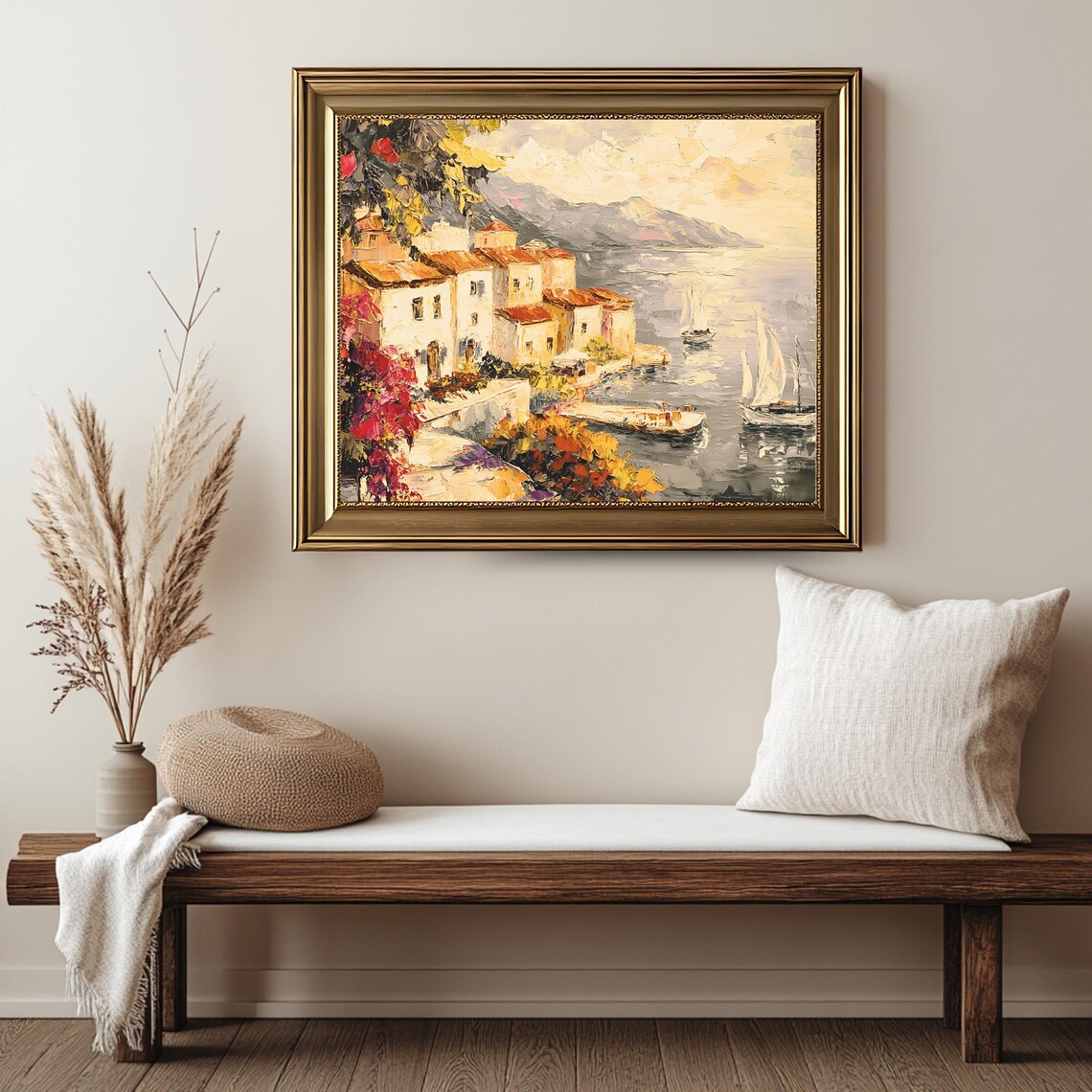 Vintage Mediterranean Coastal Village Boats Rustic Seaside Art Poster - Image 2