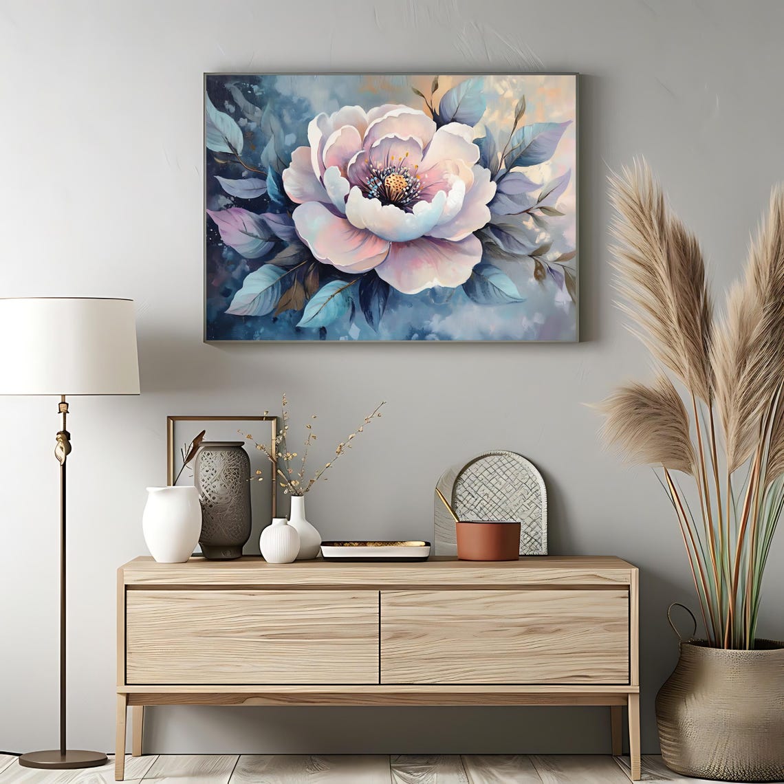 White Peony Flower Soft Pink Petals Blue Leaves Botanical Poster - Image 3