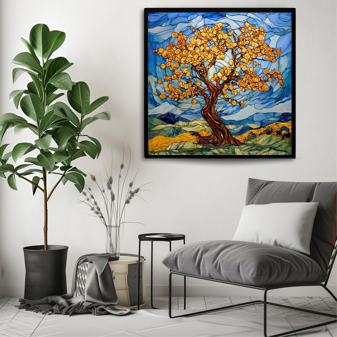 Stained Glass Tree Art Print Nature Inspired Wall Decor Square Landscape Painting - Image 3