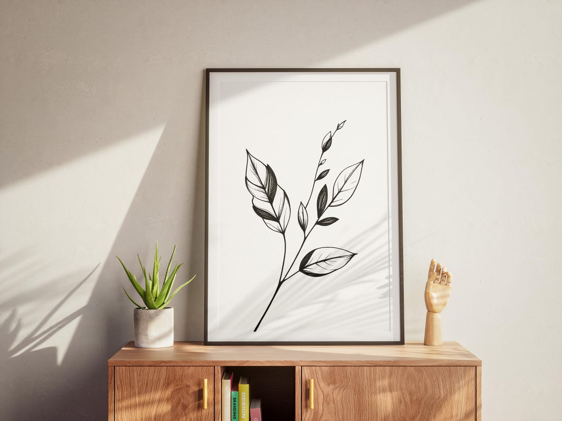 Minimalist Black Leaf Branch Line Art Botanical Sketch Print