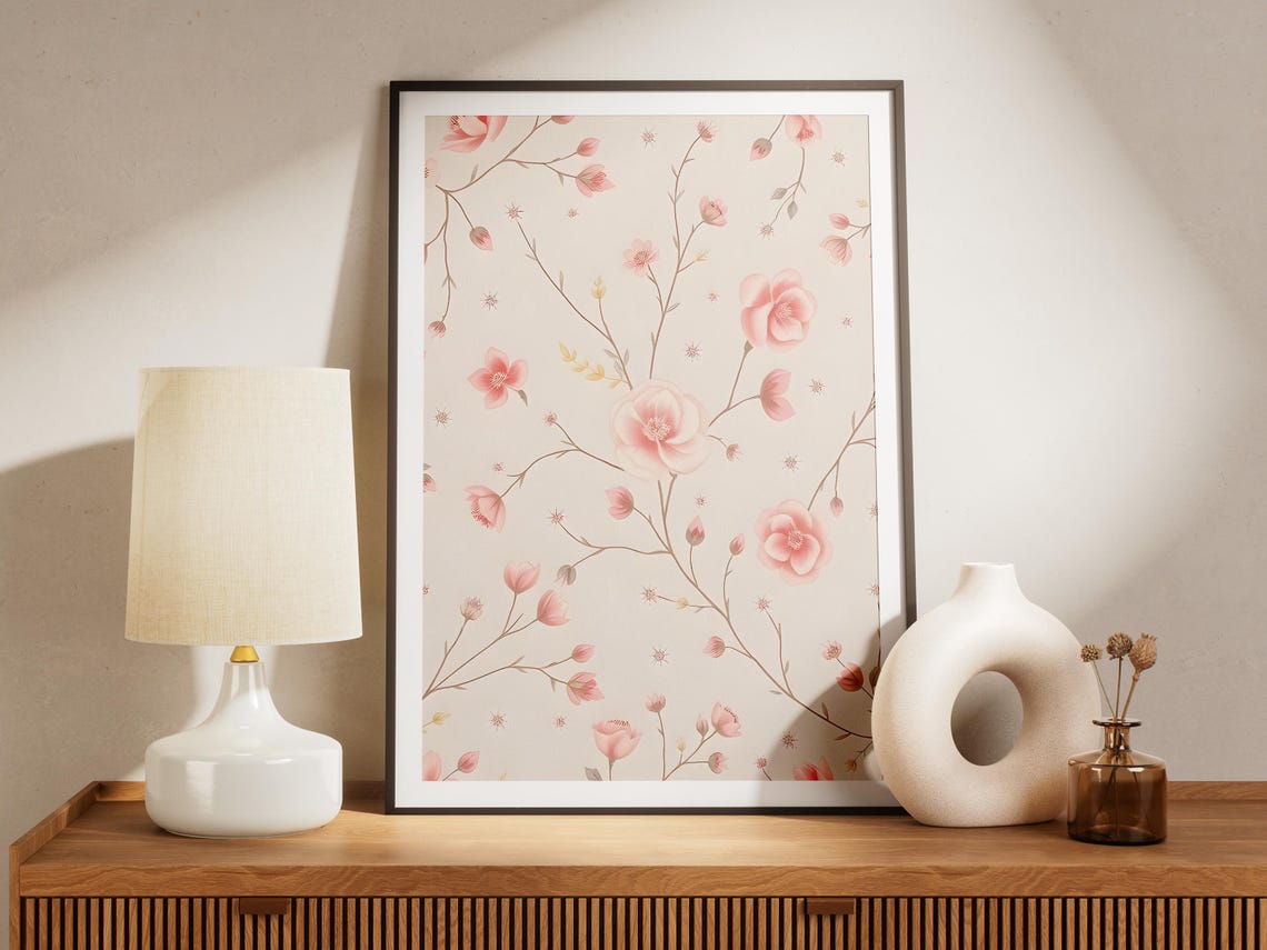 Delicate Pink Blossoms on White Elegant Botanical Flower Poster