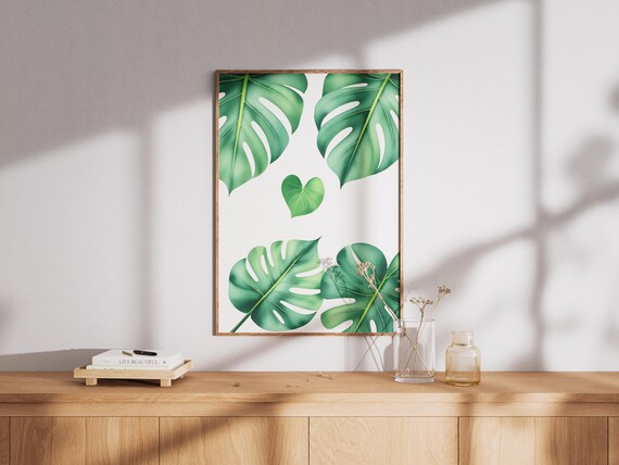 Watercolor Monstera Leaf Print Tropical Green Wall Art