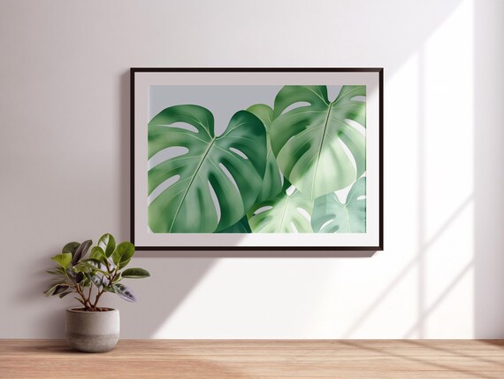Watercolor Monstera Leaf Print Tropical Green Wall Art