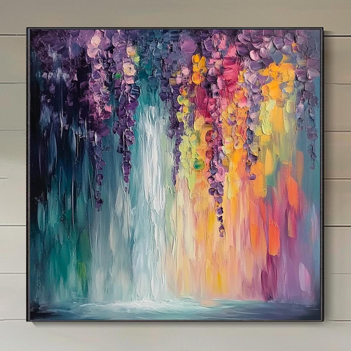Colorful Hanging Flower Garlands Over Tropical Waterfall Poster - Image 4