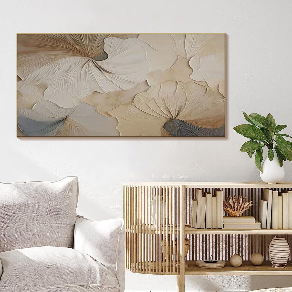 Neutral Beige Ginkgo Leaves Abstract Textured Oil Painting Wall Art - Image 2