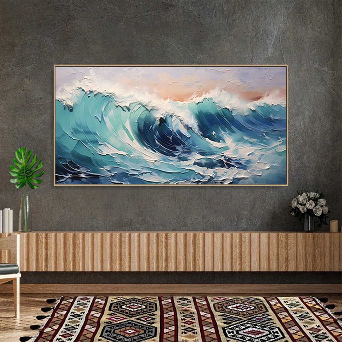 Ocean Wave Oil Painting, Abstract Blue Sea Art Print - Image 2