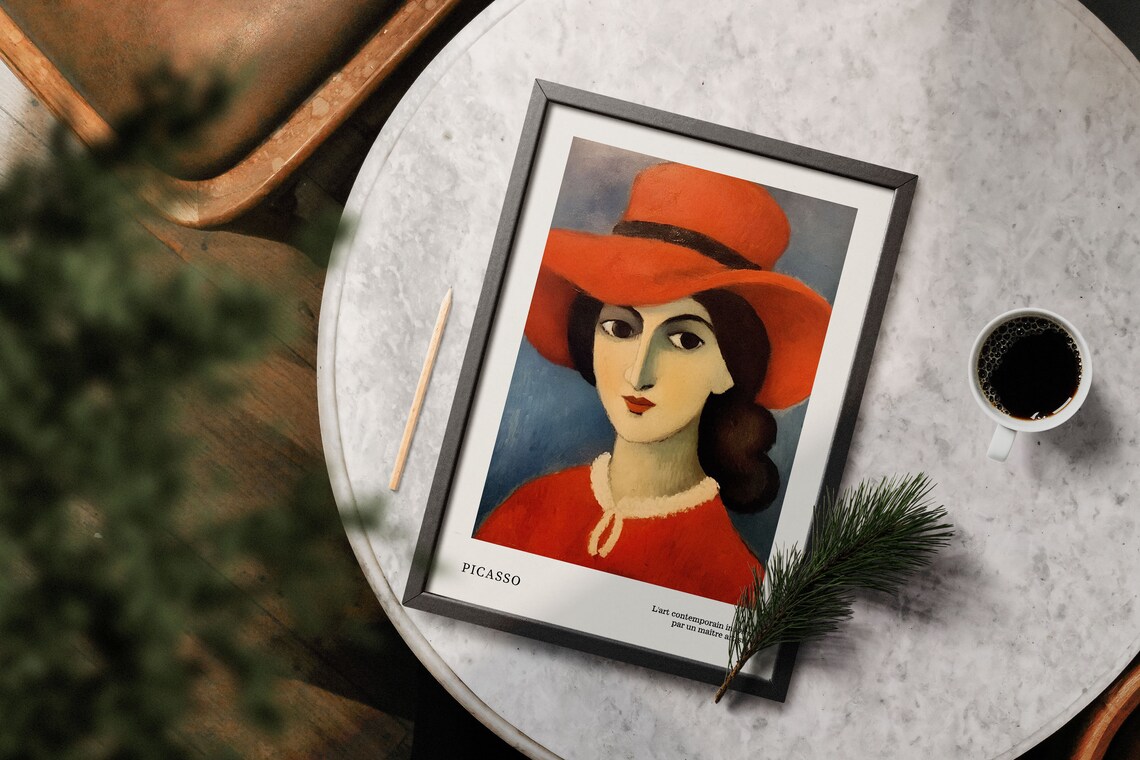 Red Hat Woman Portrait in Modernist Picasso Art Style Poster - Image 4