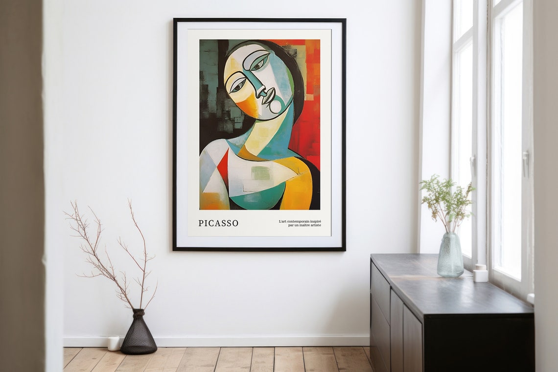 Picasso Style Cubist Woman Portrait Bold Red Teal Geometric Art Poster - Image 2