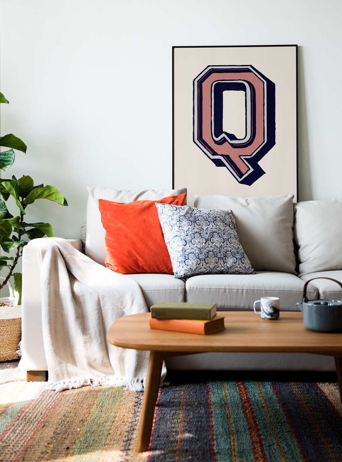 Letter Q Coral Pink Navy Varsity Alphabet Typography Teen Room Decor Poster - Image 2