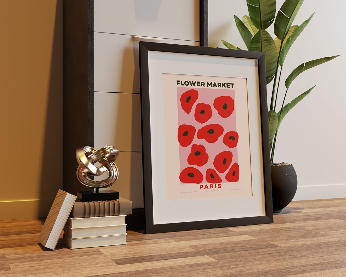 Paris Flower Market Poster Red Poppies On Pink Minimalist Floral Art - Image 3