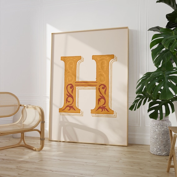 Letter H Mustard Yellow Floral Alphabet Typography Farmhouse Kitchen Poster