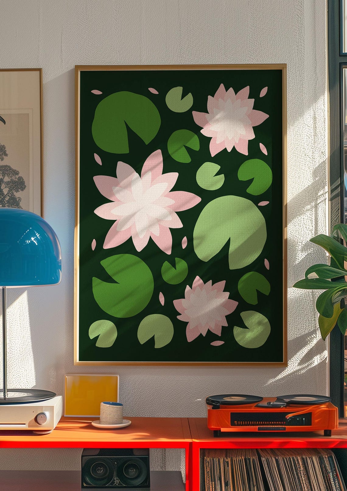 Pink Water Lilies on Deep Green Retro Maximalist Floral Poster - Image 4