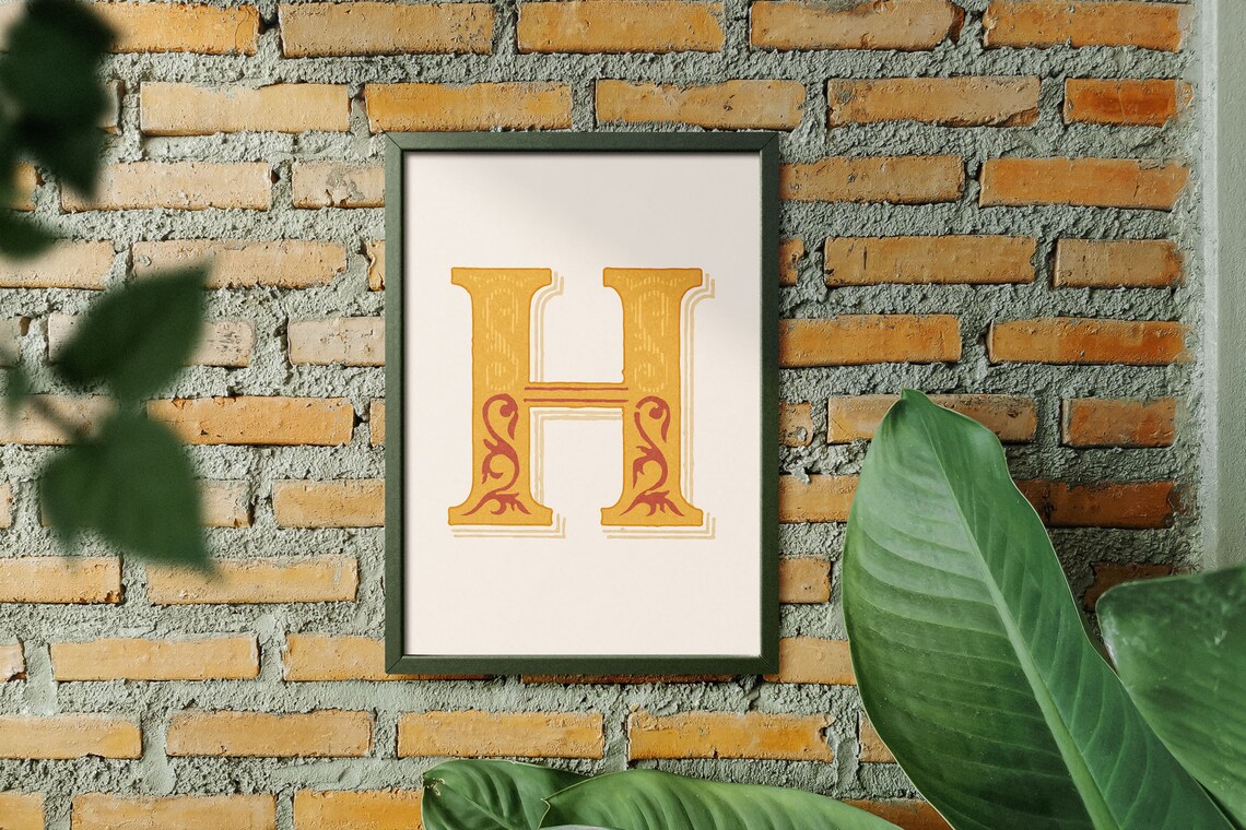 Letter H Mustard Yellow Floral Alphabet Typography Farmhouse Kitchen Poster - Image 5