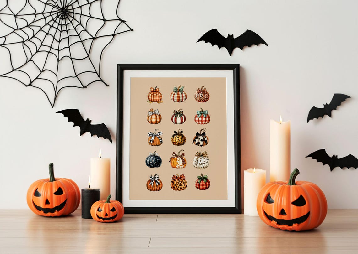 Patterned Pumpkin Grid Fall Farmhouse Decor Autumn Watercolor Poster - Image 4