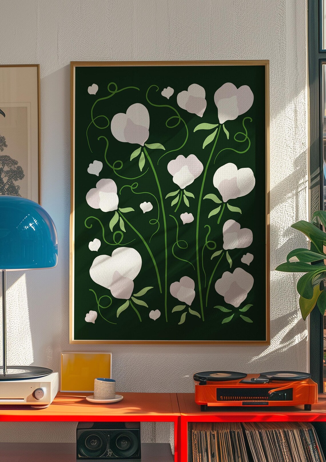 White Sweet Pea Moody Dark Green Botanical Illustration Poster - Image 4