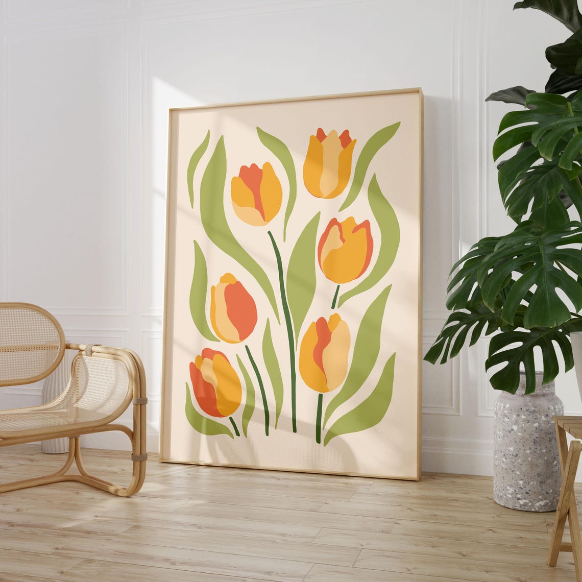 Orange Tulip Botanical Poster with Green Leaves on Cream Background