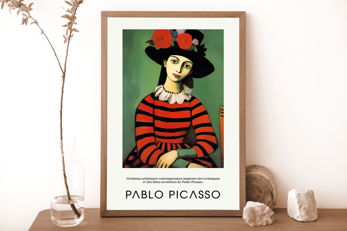 Woman in Striped Dress with Floral Hat Pablo Picasso Portrait Poster - Image 4