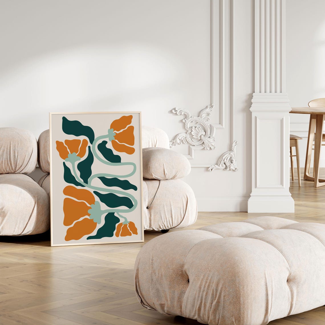 Orange Poppy Botanical Poster with Mint Stems and Teal Foliage - Image 4