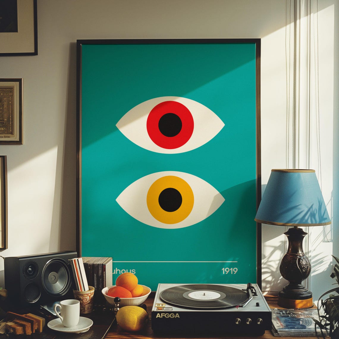 Bauhaus 1919 Double Eye Geometric Poster on Teal with Red and Gold - Image 4
