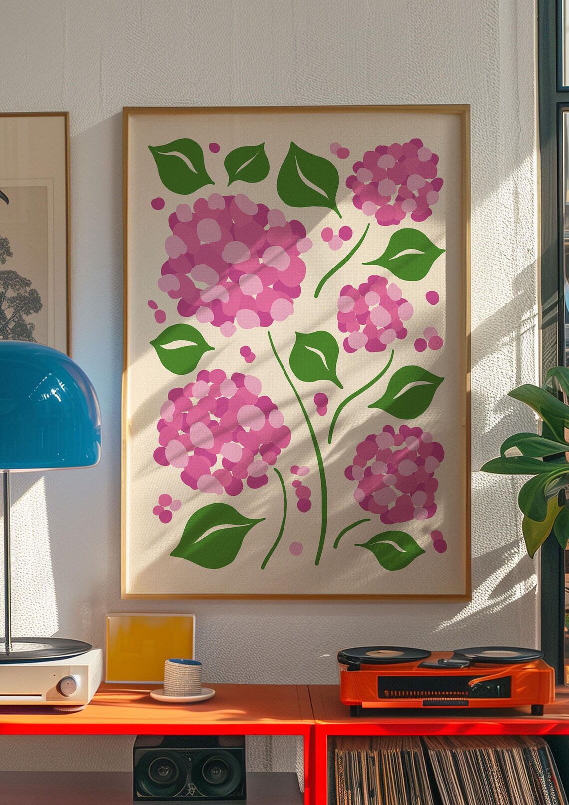Pink Hydrangea Botanical Poster with Green Leaves on Cream Background - Image 4