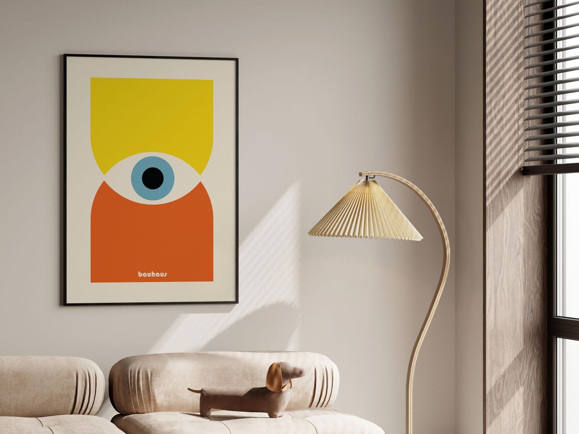 Bauhaus Single Eye Abstract Poster Yellow Orange with Sky Blue Iris - Image 3