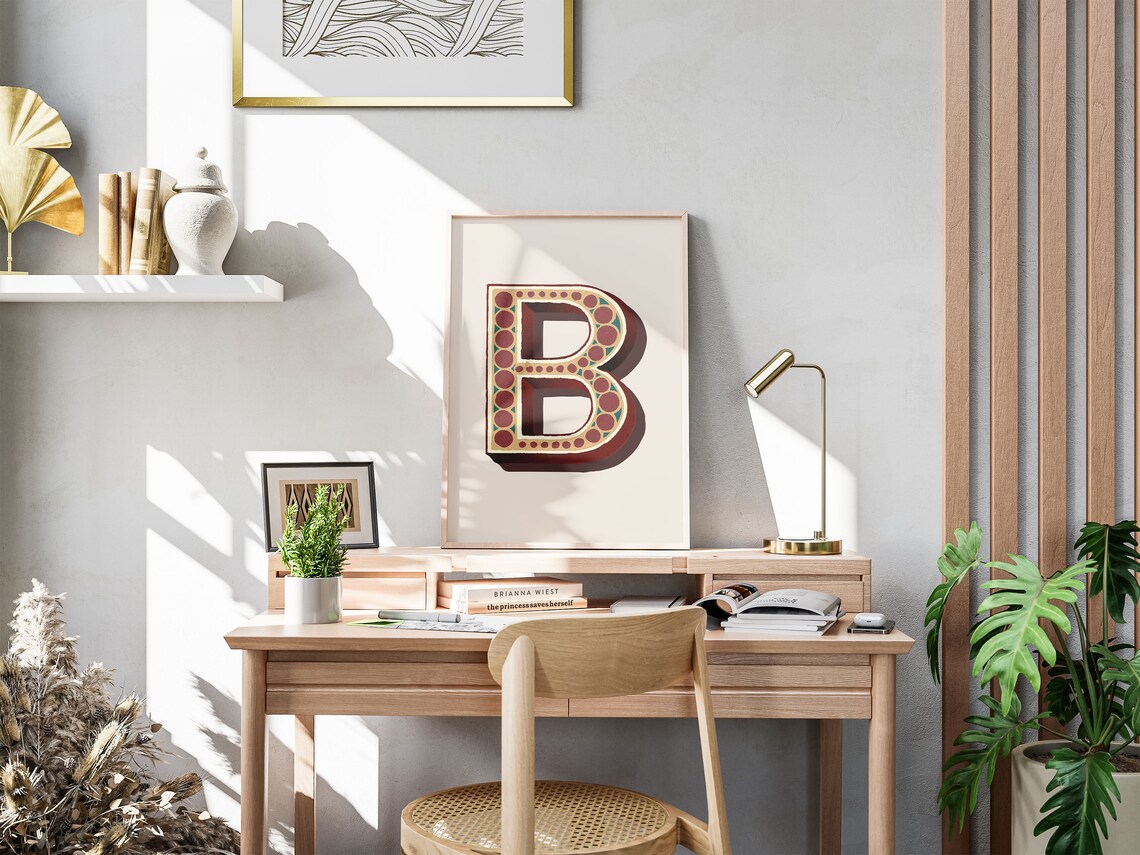 Letter B Maroon Dotted Circus Style Alphabet Typography Vintage Art Poster - Image 2