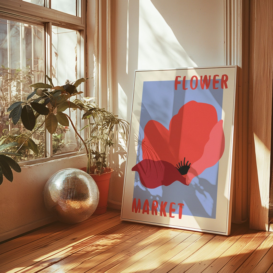 Red Poppy Blossom on Periwinkle Blue Retro Flower Market Poster