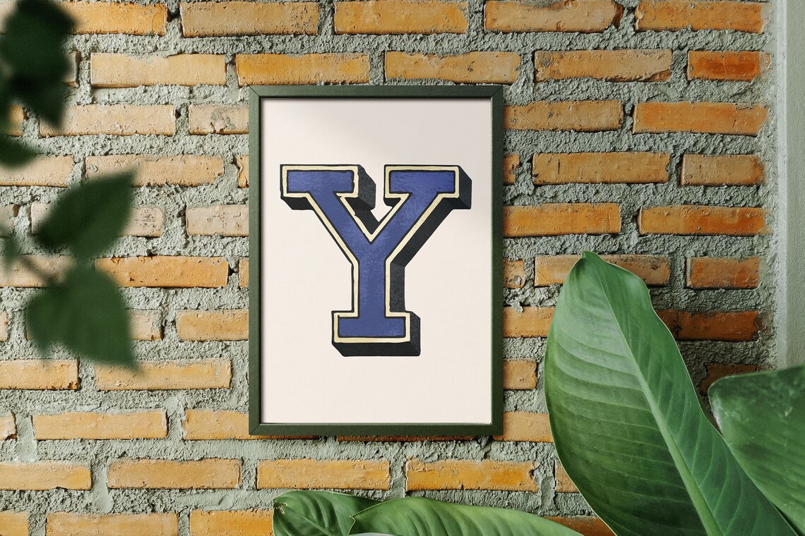 Letter Y Navy Blue 3D Collegiate Alphabet Typography Boys Room Decor Poster - Image 3