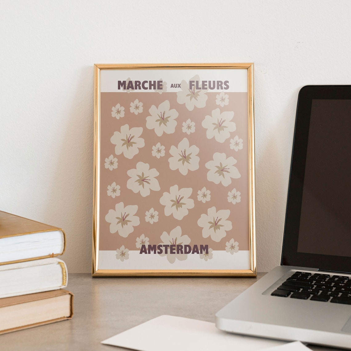 Amsterdam Marche Aux Fleurs Poster Cream Blossoms On Tan Floral Art - Image 4