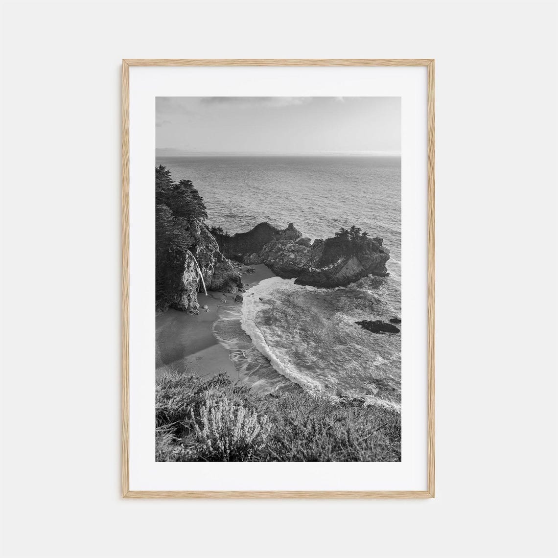 Big Sur California Coastal Cliffs Waterfall Black and White Poster