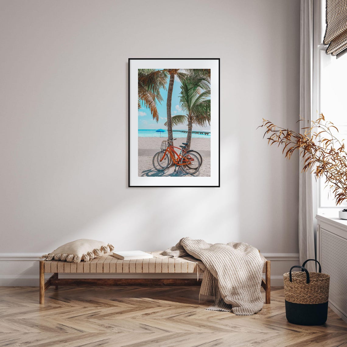Beach Bicycles Palm Trees Turquoise Ocean Summer Photo Print - Image 2