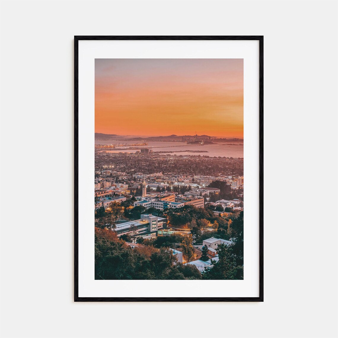 Orange Sunset City Skyline Over Water From Hilltop Photography Poster
