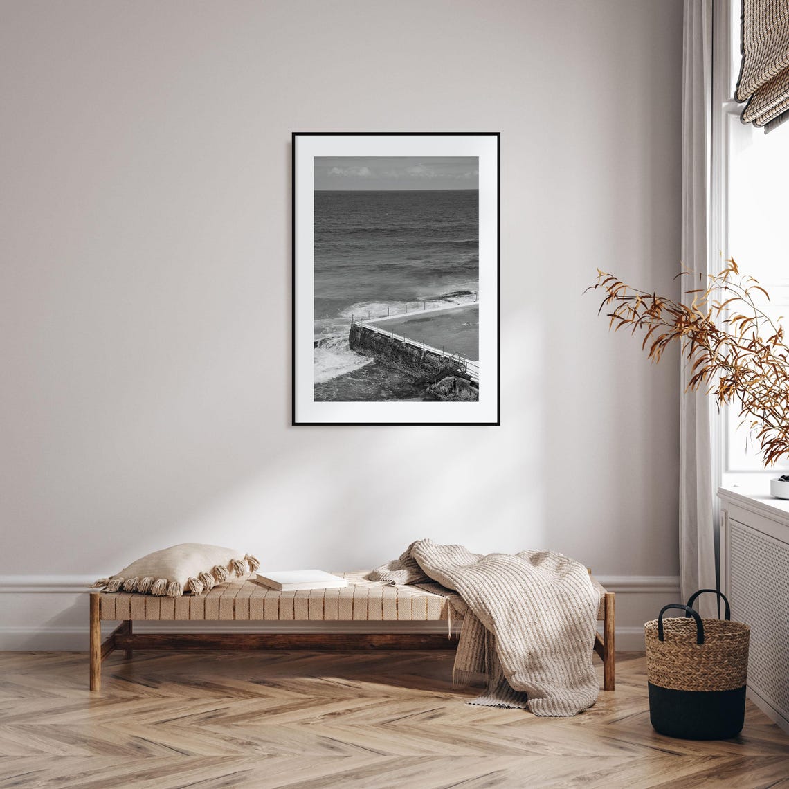 Ocean Tidal Pool Rocky Shore Waves Black White Coastal Poster - Image 2