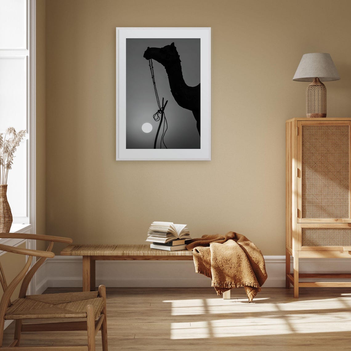 Camel Silhouette Against Glowing Setting Sun Black And White Poster - Image 3