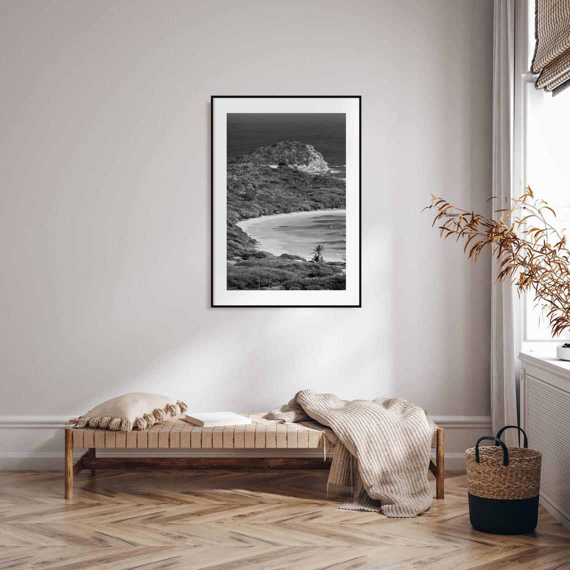 Tropical Coast Hills Bay Palm Black White Island View Poster - Image 2