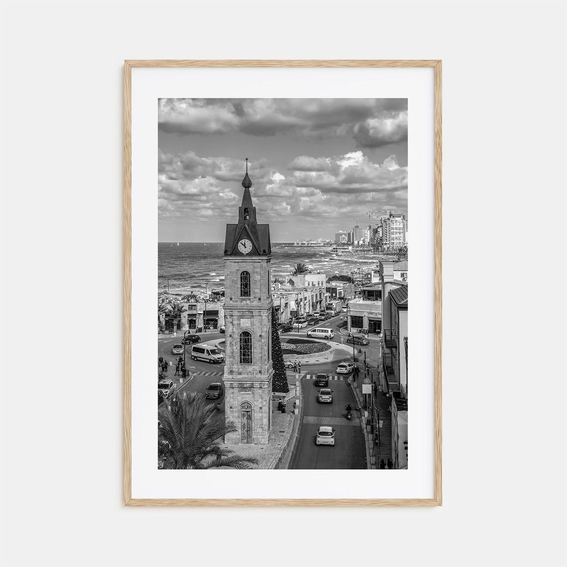 Tel Aviv Jaffa Clock Tower Mediterranean Sea View Black White Poster