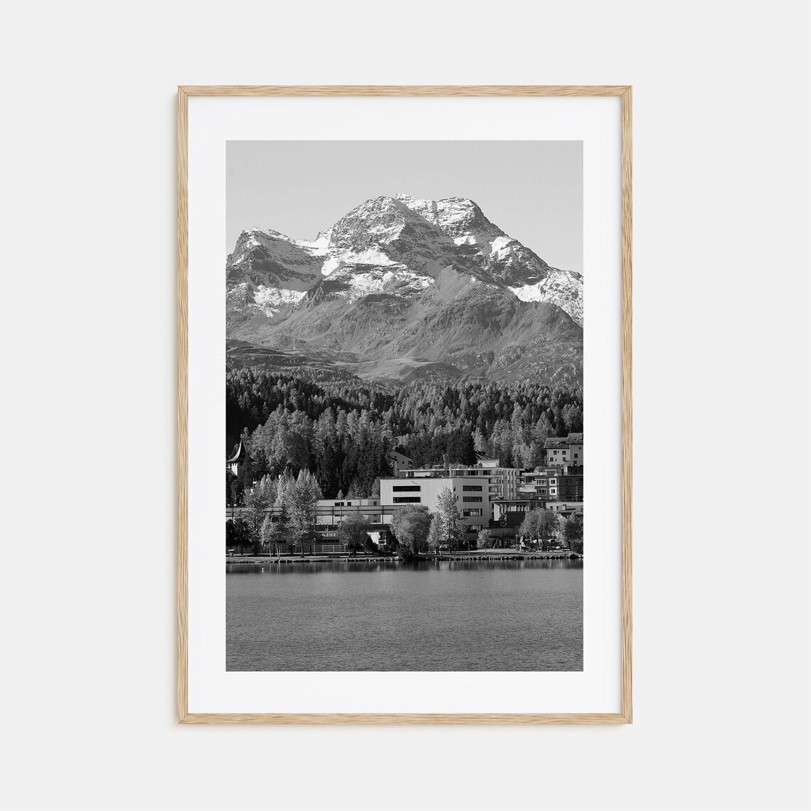 St Moritz Switzerland Alpine Lake Town Snow Peaks Black White Poster