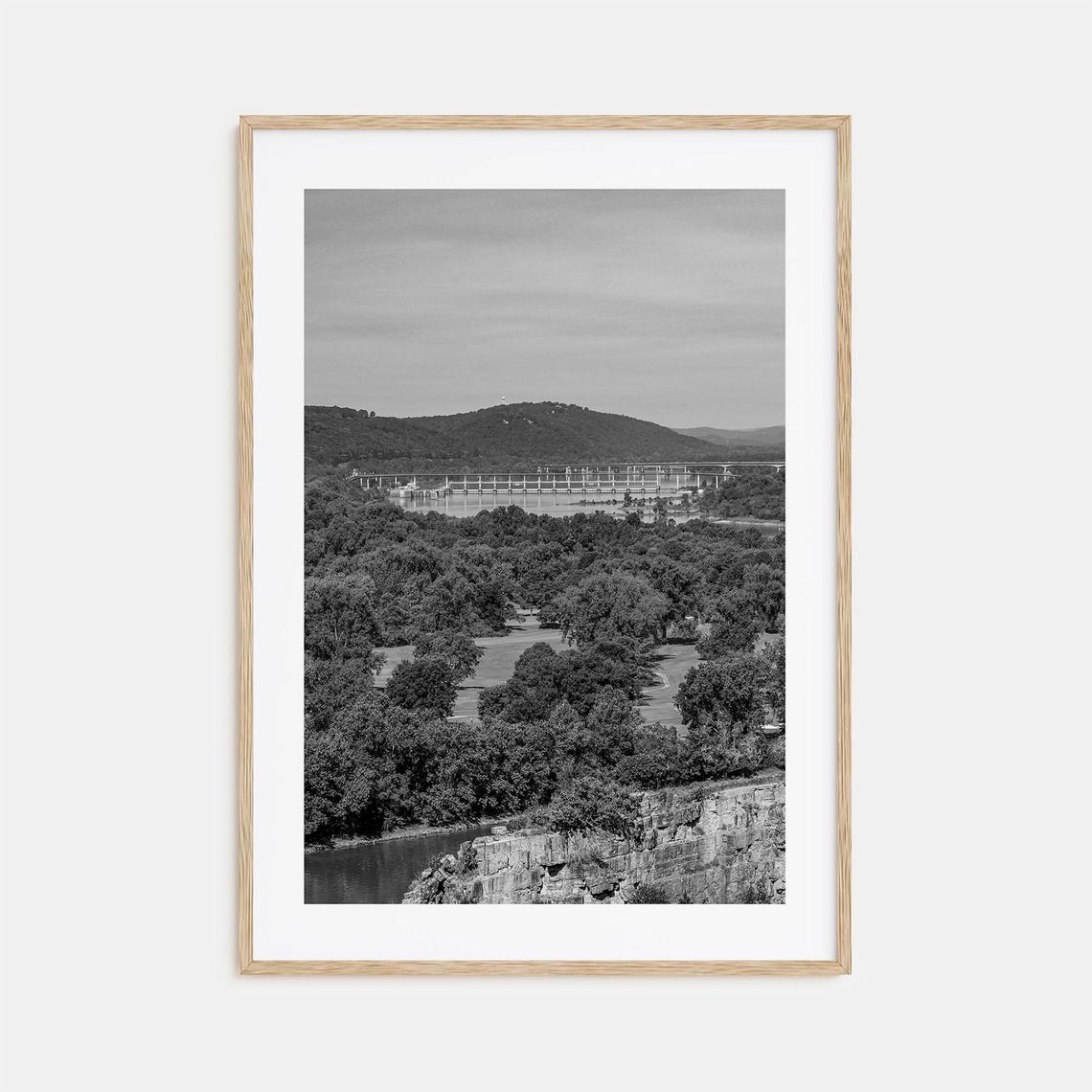 Arkansas Dam River Valley Overlook Forest Black And White Photo Poster