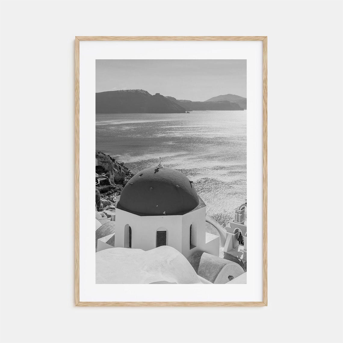 Greece Santorini Blue Dome Church Caldera Black and White Poster
