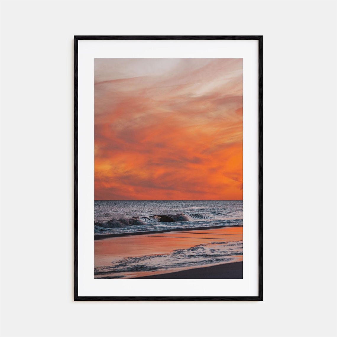 Ocean Sunset Fiery Orange Clouds Rolling Waves Beach Shore Poster